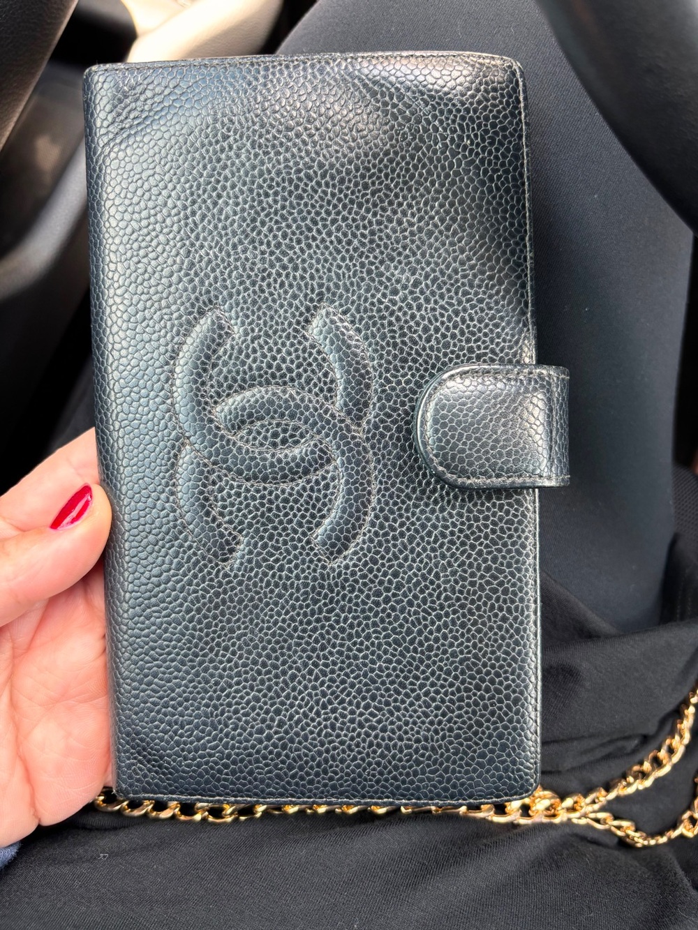 CHANEL Black Pebbled Leather Wallet Crossbody with Gold Chain